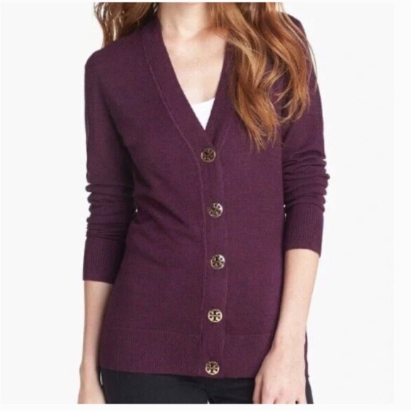 Tory Burch Simone Merino Wool Logo Button Cardigan Sweater Quiet Luxury - Picture 1 of 6